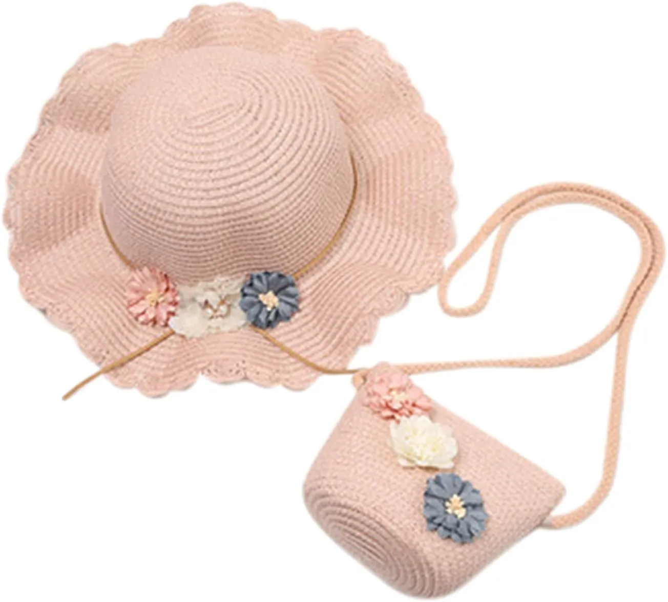 2-8 Years Kids Girls 50  UPF Sun Protection Wide Brim Hat Summer Flower Sunshade Hat Straw Beach Sun Hat   Straw Bag