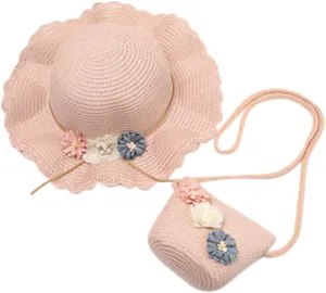 2-8 Years Kids Girls 50  UPF Sun Protection Wide Brim Hat Summer Flower Sunshade Hat Straw Beach Sun Hat   Straw Bag