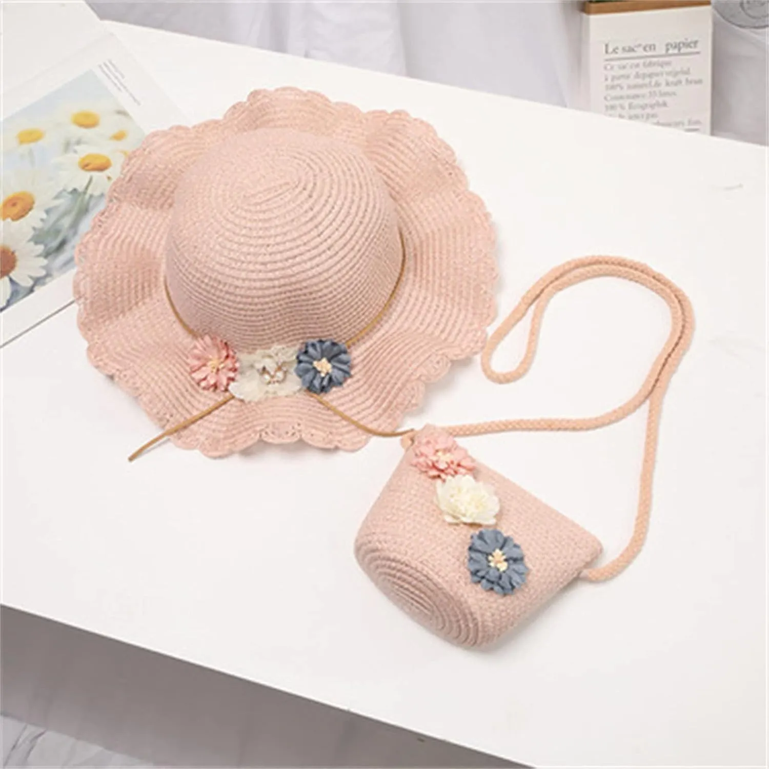 2-8 Years Kids Girls 50  UPF Sun Protection Wide Brim Hat Summer Flower Sunshade Hat Straw Beach Sun Hat   Straw Bag