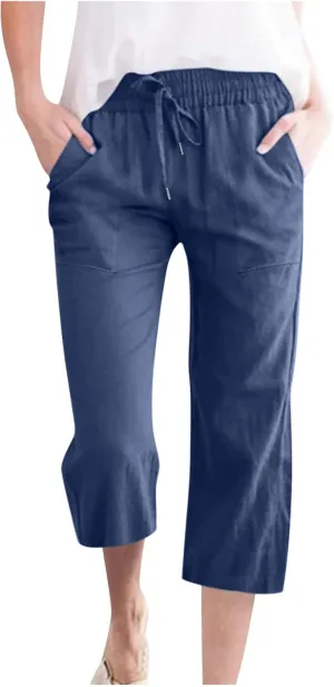 2025 Capri Pants for Women Drawstring High Elastic Linen Cropped Pant Solid Casual Pocket Straight Wide Leg Trouser