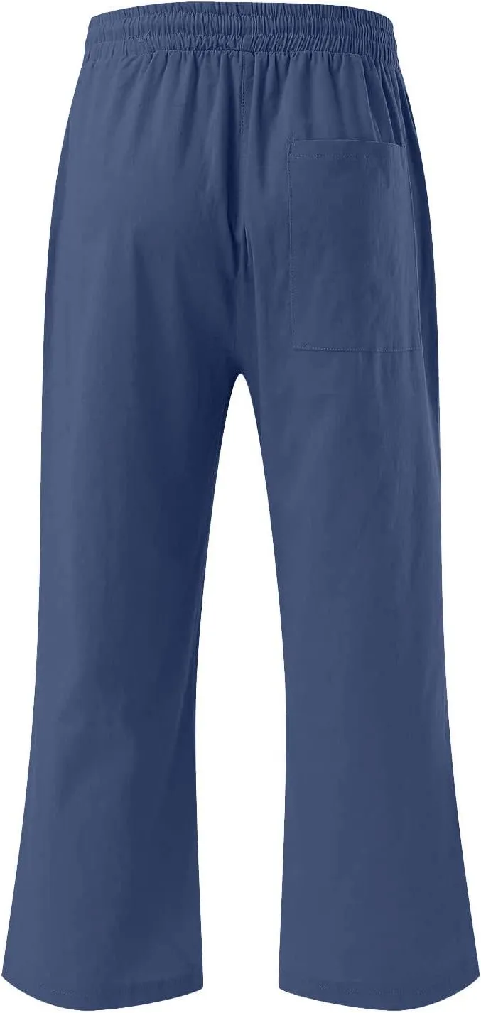 2025 Capri Pants for Women Drawstring High Elastic Linen Cropped Pant Solid Casual Pocket Straight Wide Leg Trouser