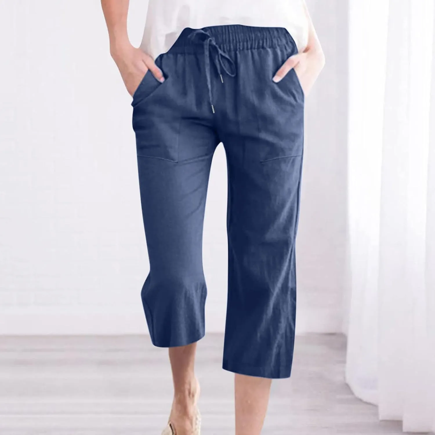 2025 Capri Pants for Women Drawstring High Elastic Linen Cropped Pant Solid Casual Pocket Straight Wide Leg Trouser