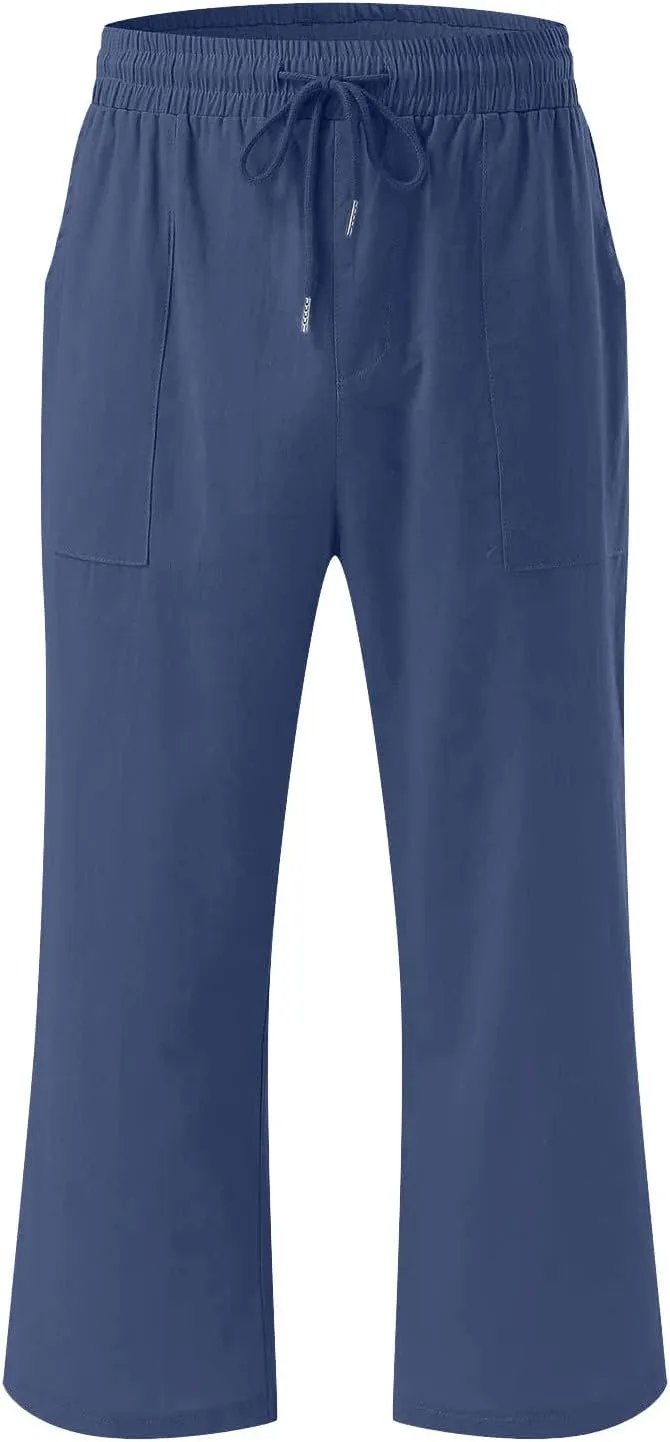 2025 Capri Pants for Women Drawstring High Elastic Linen Cropped Pant Solid Casual Pocket Straight Wide Leg Trouser