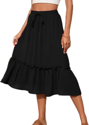 2025 Summer Skirts for Women Solid Flowy Pleated Mid-Calf Skirt Elastic Waist Drawstring A-line Sundress with Pocket