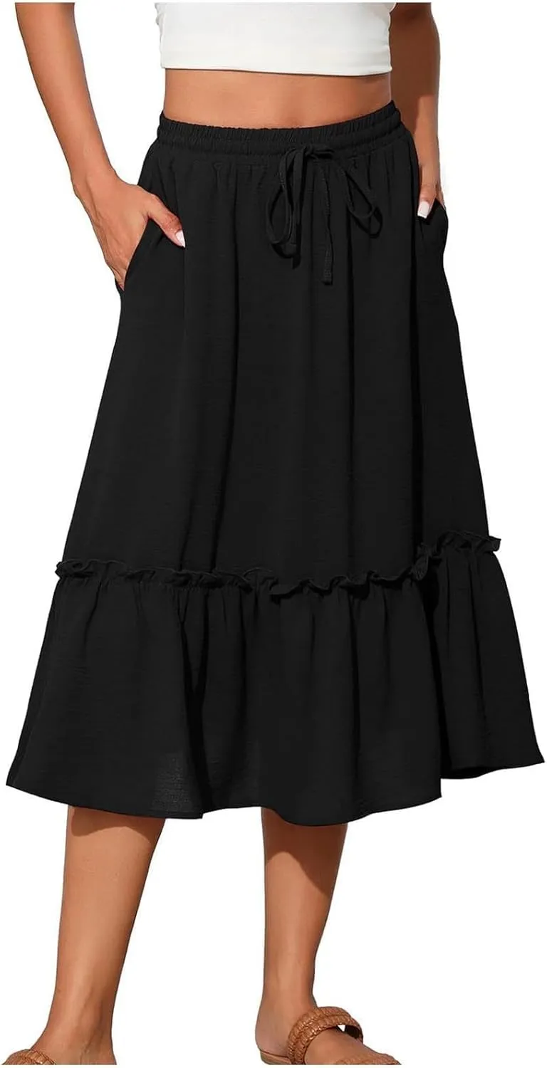 2025 Summer Skirts for Women Solid Flowy Pleated Mid-Calf Skirt Elastic Waist Drawstring A-line Sundress with Pocket