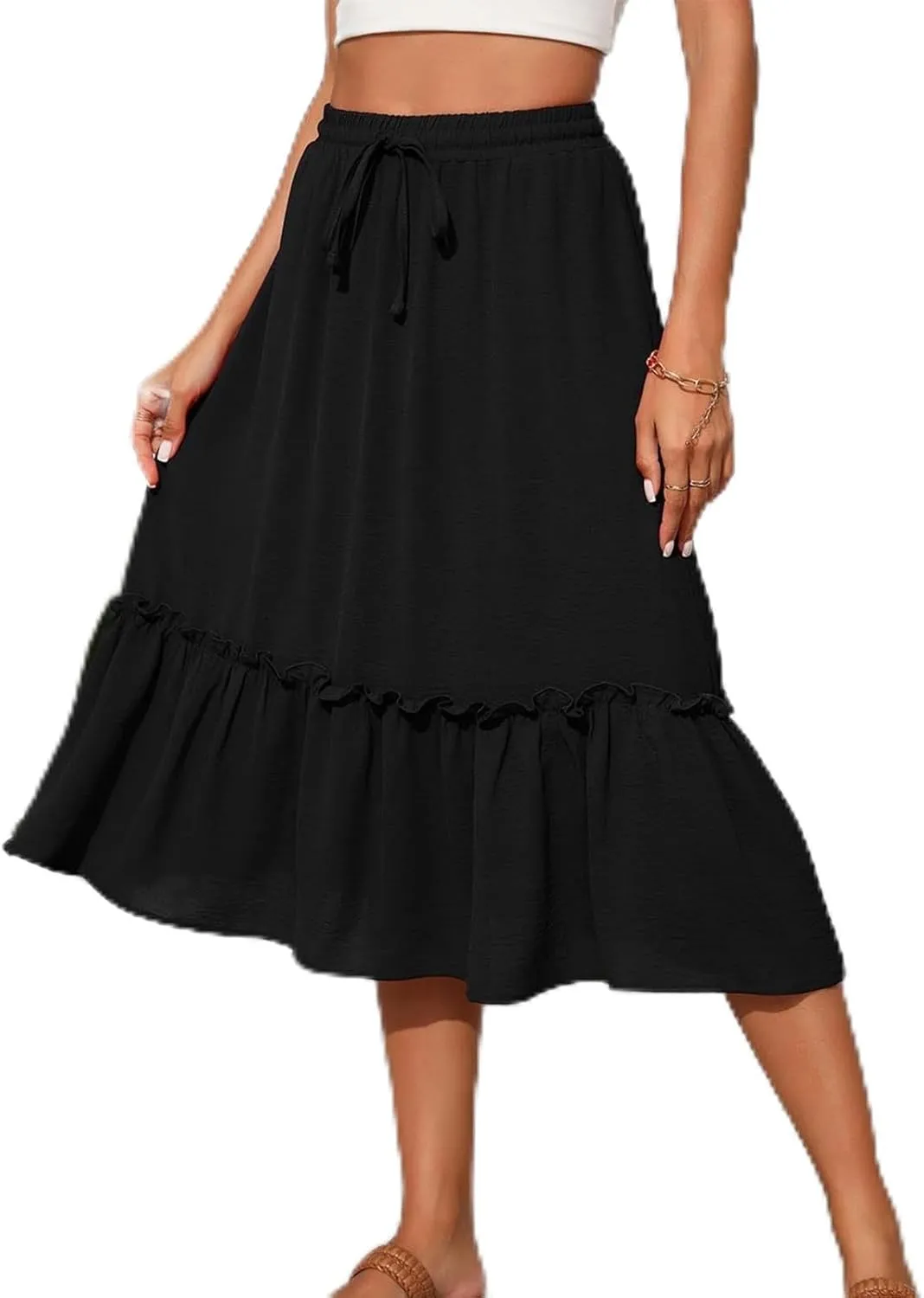 2025 Summer Skirts for Women Solid Flowy Pleated Mid-Calf Skirt Elastic Waist Drawstring A-line Sundress with Pocket