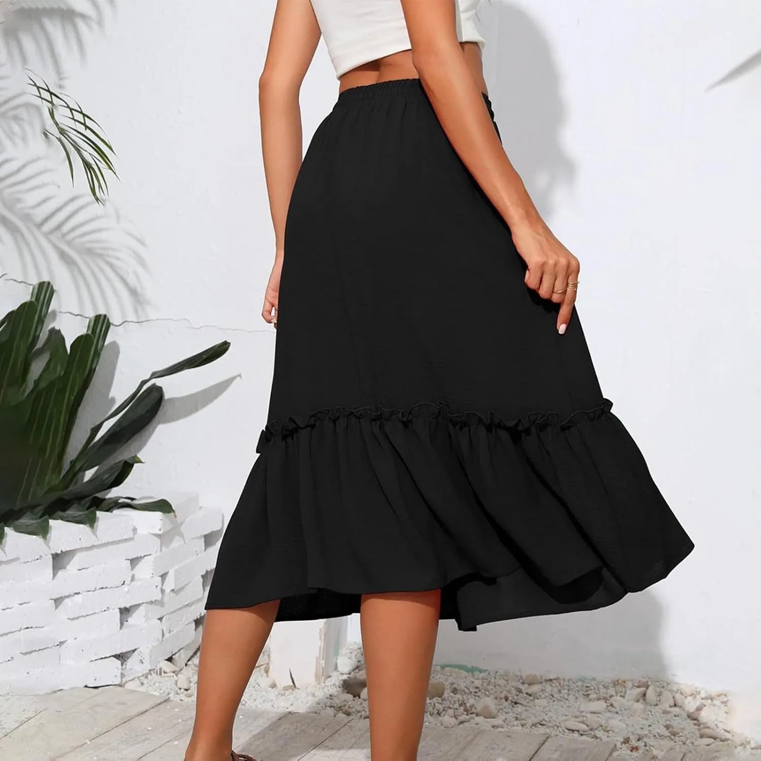 2025 Summer Skirts for Women Solid Flowy Pleated Mid-Calf Skirt Elastic Waist Drawstring A-line Sundress with Pocket