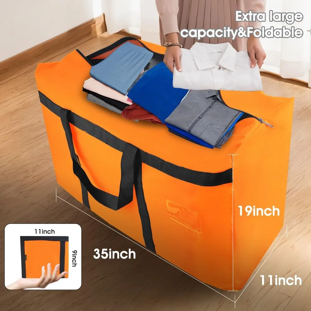 6 Pack Extra Large 90L Heavy Duty Moving Bags with Zippers and Handles - College Packing Bags for Clothes, Storage, Camping Essentials (Orange)