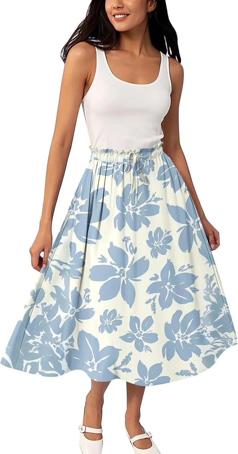 ADHOWBEW Long Skirts for Women A Line Flowy Beach High Waisted Midi Length Trendy Cute Plus Size Casual Ruffle Summer Skirts