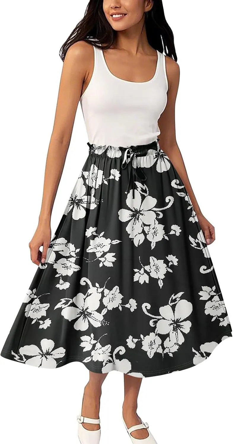 ADHOWBEW Long Skirts for Women Plus Size Casual Flowy A Line Ruffle Beach Midi Length Trendy Cute High Waisted Summer Skirts