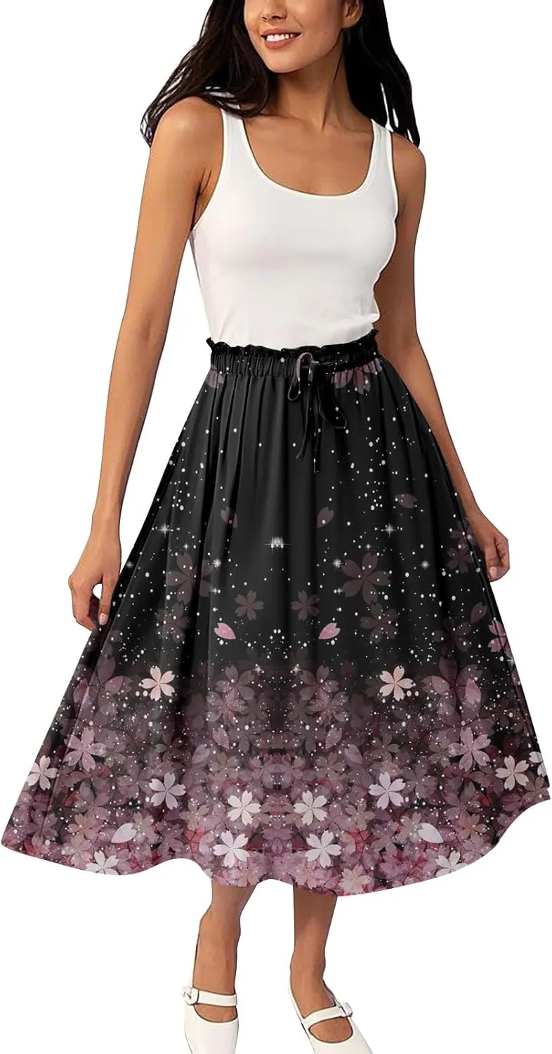 ADHOWBEW Midi Skirts for Women Plus Size High Waisted Beach Trendy Flowy Ruffle Midi Length Casual Cute A Line Summer Skirts