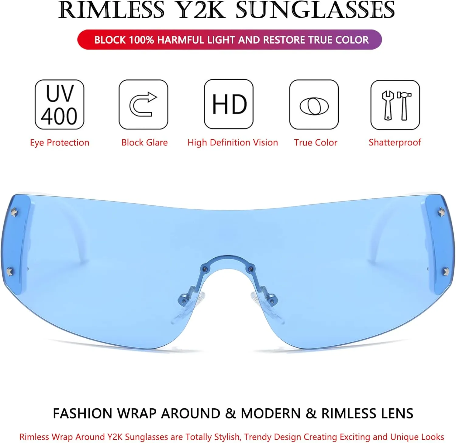 AIEYEZO Rimless Y2K Sunglasses Women Men Oversized Fashion Wrap Around Frameless Sun Glasses