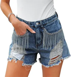 Akivide Women's Summer High Waisted Rhinestone Fringe Ripped Jean Shorts Distressed Frayed Raw Hem Stretchy Denim Shorts