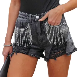 Akivide Women's Summer High Waisted Rhinestone Fringe Ripped Jean Shorts Distressed Frayed Raw Hem Stretchy Denim Shorts