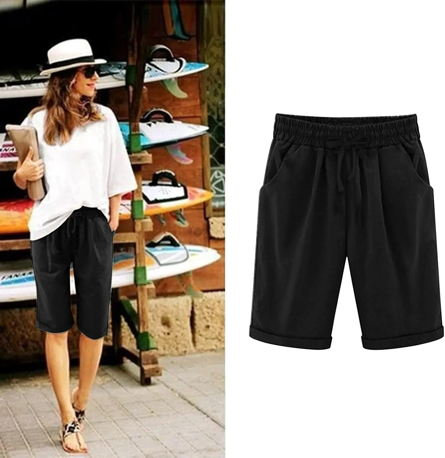 AMDBEL Bermuda Shorts for Women Pull on Womens Yoga Shorts Drawstring Lounge Bermuda Shorts with Pockets Exercise Shorts