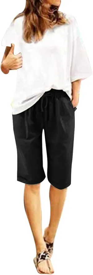 AMDBEL Bermuda Shorts for Women Pull on Womens Yoga Shorts Drawstring Lounge Bermuda Shorts with Pockets Exercise Shorts