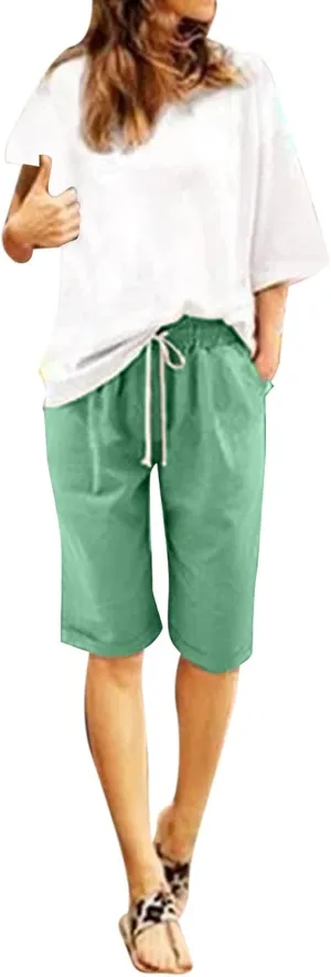 AMDBEL Bermuda Shorts for Women Pull on Womens Yoga Shorts Drawstring Lounge Bermuda Shorts with Pockets Exercise Shorts