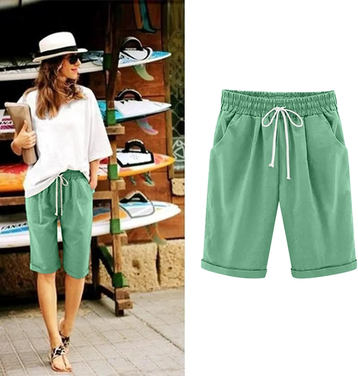 AMDBEL Bermuda Shorts for Women Pull on Womens Yoga Shorts Drawstring Lounge Bermuda Shorts with Pockets Exercise Shorts