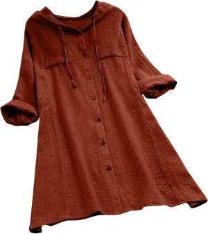 Aniywn Women Plus Size Cotton Linen Long/Short Sleeve Hoodie Casual Button Long T-Shirt Blouse with Pocket