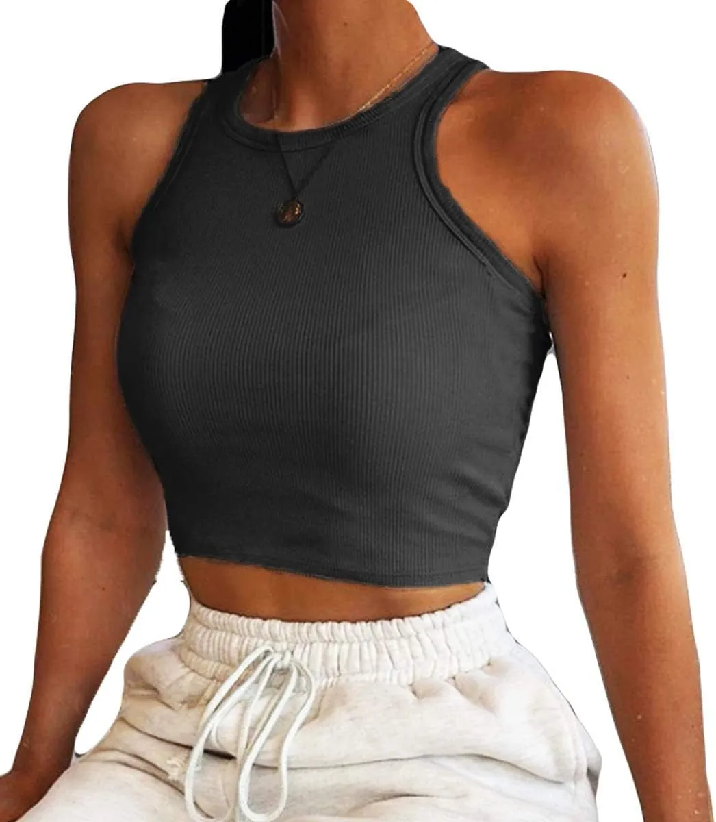 Artfish Women Casual Basic Sleeveless High Neck Rib-Knit Y2k Crop Tank Top