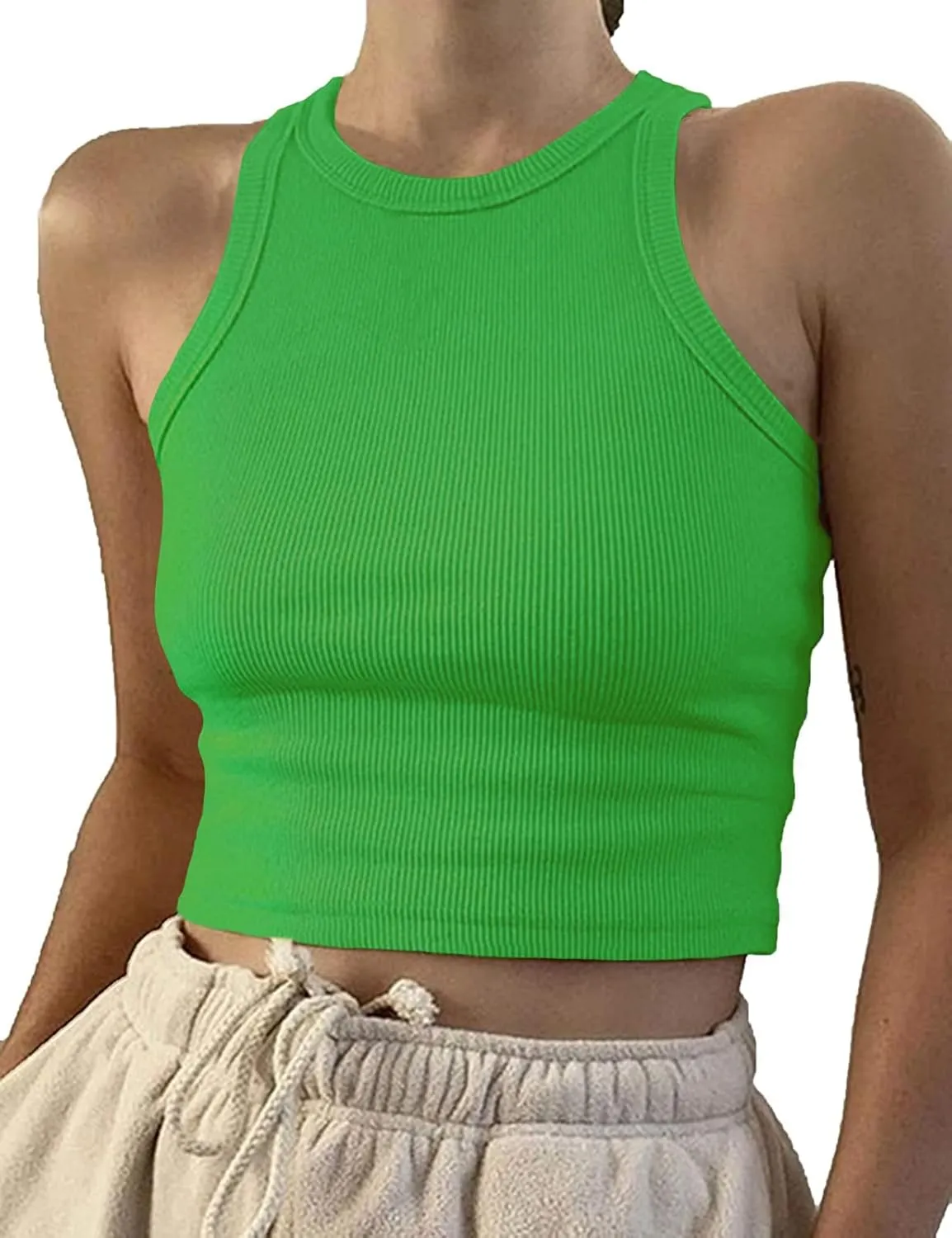 Artfish Women Casual Basic Sleeveless High Neck Rib-Knit Y2k Crop Tank Top