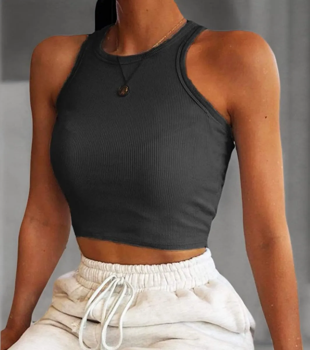 Artfish Women Casual Basic Sleeveless High Neck Rib-Knit Y2k Crop Tank Top