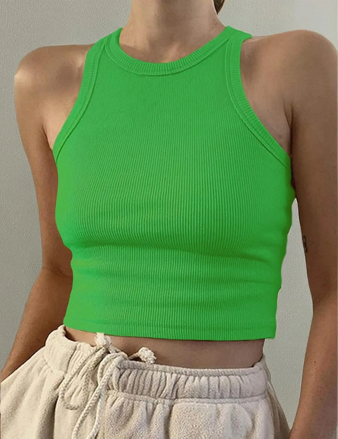 Artfish Women Casual Basic Sleeveless High Neck Rib-Knit Y2k Crop Tank Top