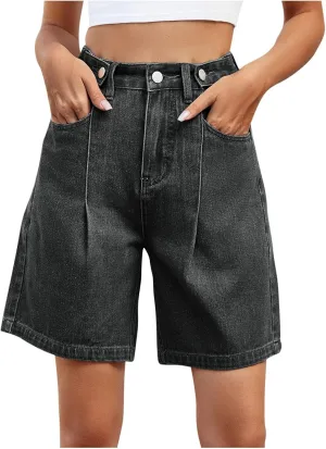 Bermuda Jean Shorts for Women Adjustable Button High Waisted Stretchy Loose Fit Trendy Casual Denim Short with Pockets