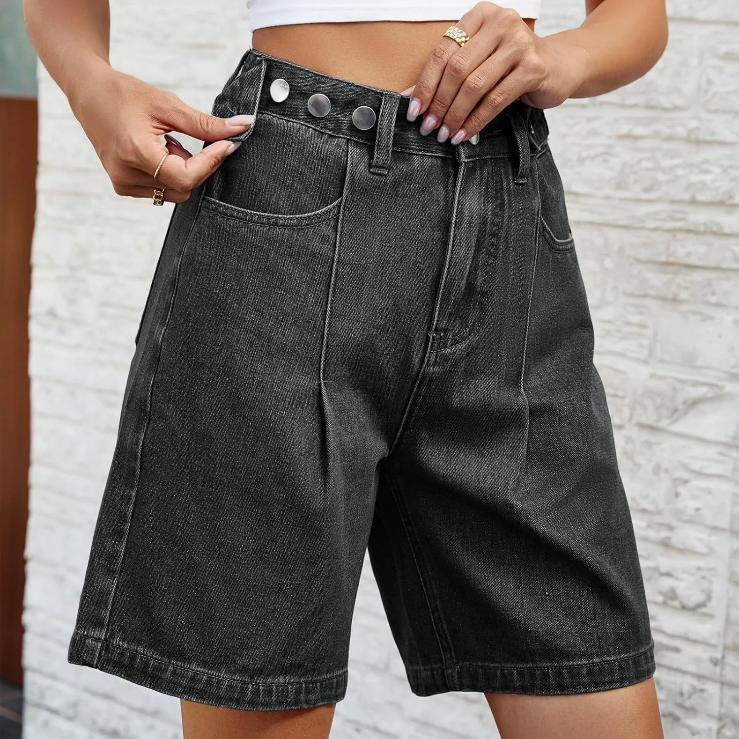 Bermuda Jean Shorts for Women Adjustable Button High Waisted Stretchy Loose Fit Trendy Casual Denim Short with Pockets