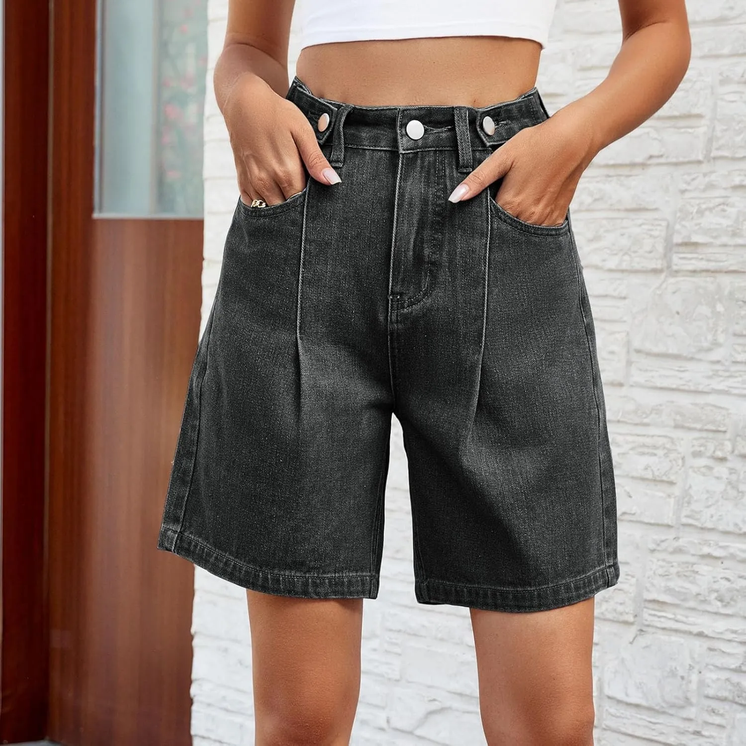 Bermuda Jean Shorts for Women Adjustable Button High Waisted Stretchy Loose Fit Trendy Casual Denim Short with Pockets