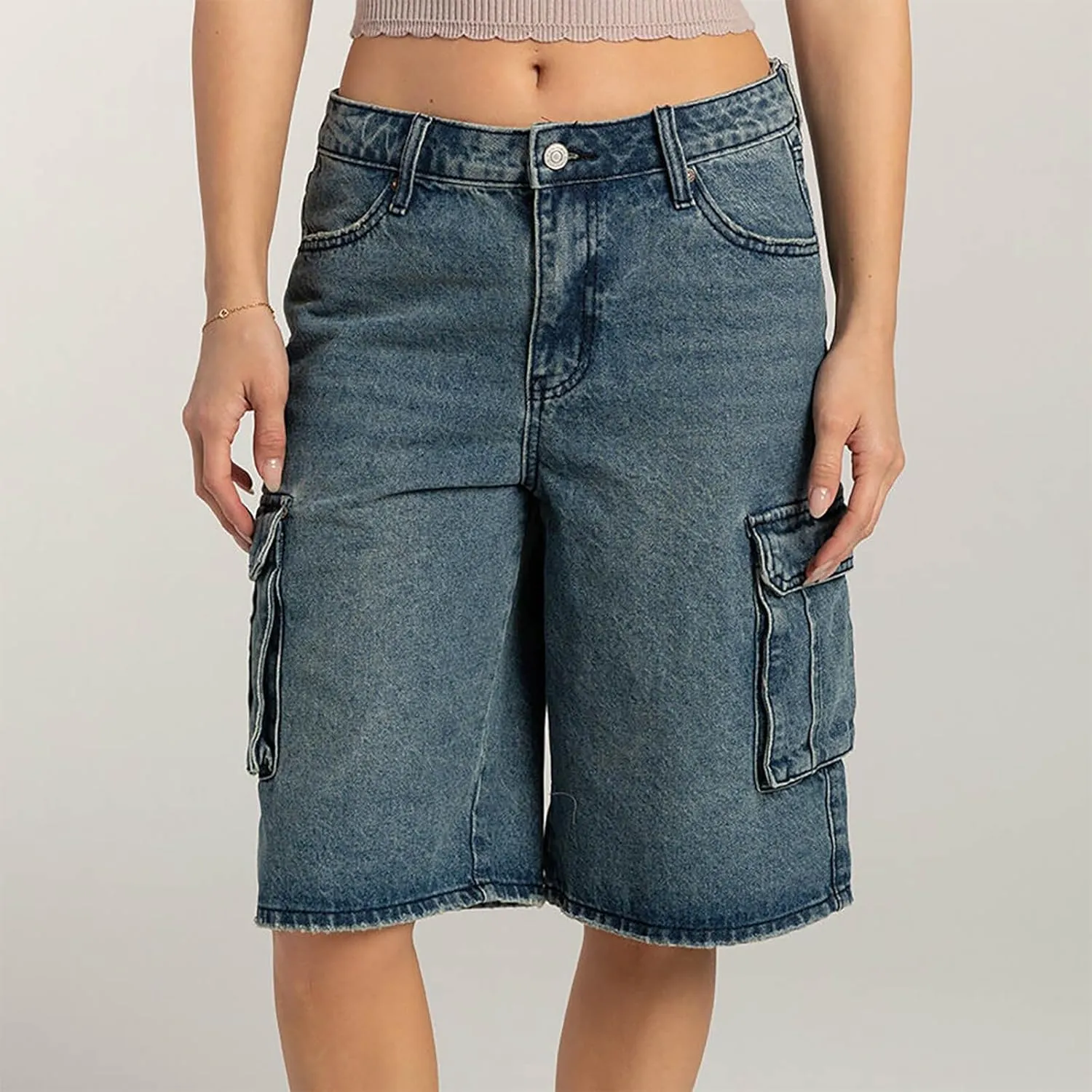 Bermuda Jean Shorts for Women Cargo Style High Waisted Stretchy Loose Fit Trendy Casual Denim Short with Pockets