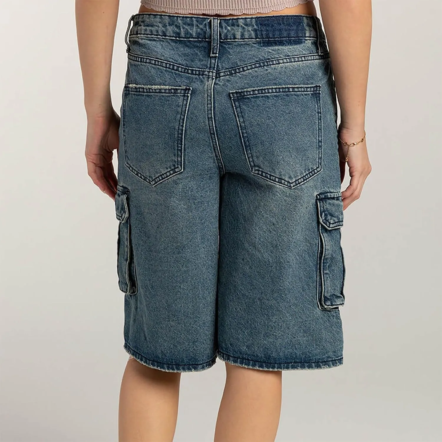 Bermuda Jean Shorts for Women Cargo Style High Waisted Stretchy Loose Fit Trendy Casual Denim Short with Pockets