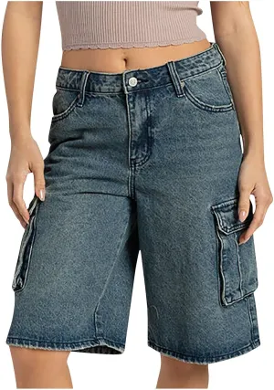 Bermuda Jean Shorts for Women Cargo Style High Waisted Stretchy Loose Fit Trendy Casual Denim Short with Pockets