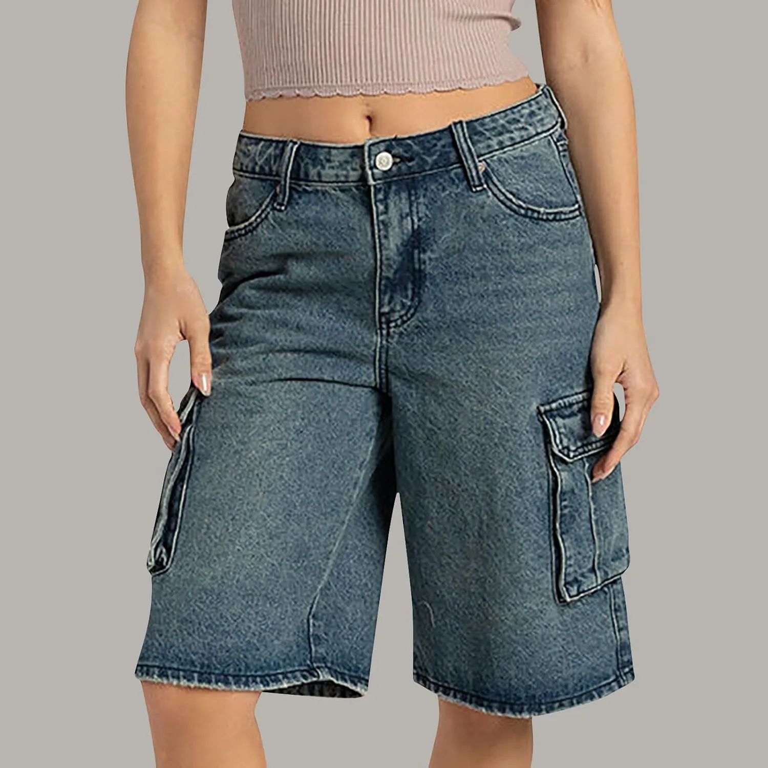 Bermuda Jean Shorts for Women Cargo Style High Waisted Stretchy Loose Fit Trendy Casual Denim Short with Pockets
