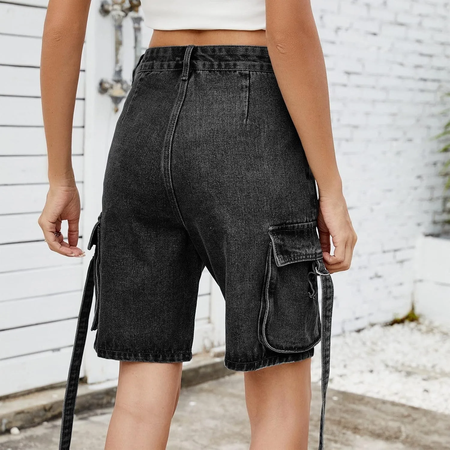 Bermuda Jean Shorts for Women High Waisted Trendy Stretchy Denim Shorts Knee Length Cropped Loose Fit Long Short