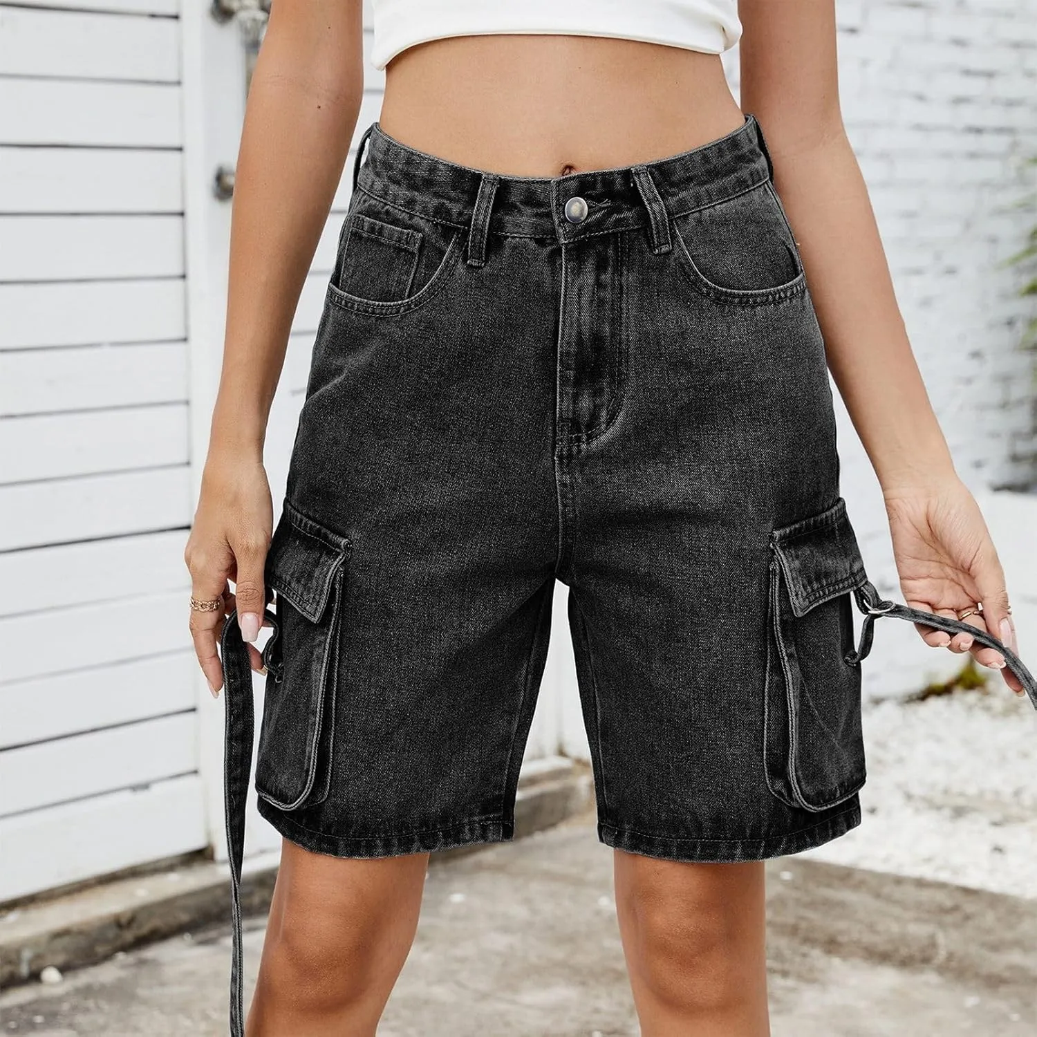 Bermuda Jean Shorts for Women High Waisted Trendy Stretchy Denim Shorts Knee Length Cropped Loose Fit Long Short