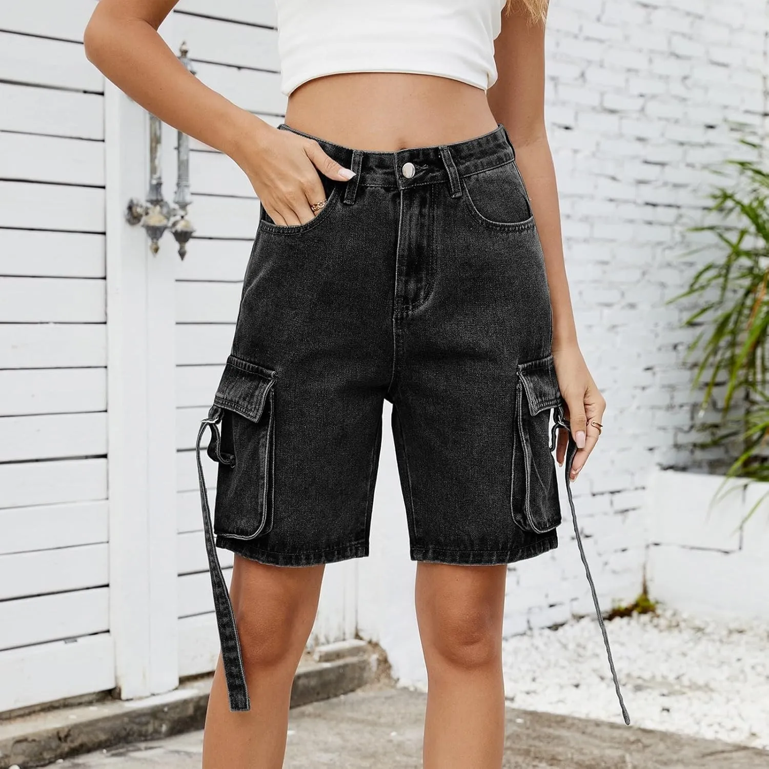 Bermuda Jean Shorts for Women High Waisted Trendy Stretchy Denim Shorts Knee Length Cropped Loose Fit Long Short
