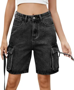 Bermuda Jean Shorts for Women High Waisted Trendy Stretchy Denim Shorts Knee Length Cropped Loose Fit Long Short