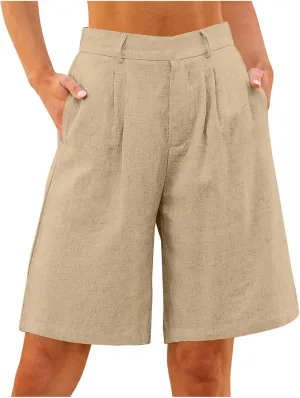 Bermuda Shorts for Women Cotton Linen Wide Leg High Waisted Dressy Casual Long Shorts with Pockets for Beach Vacation