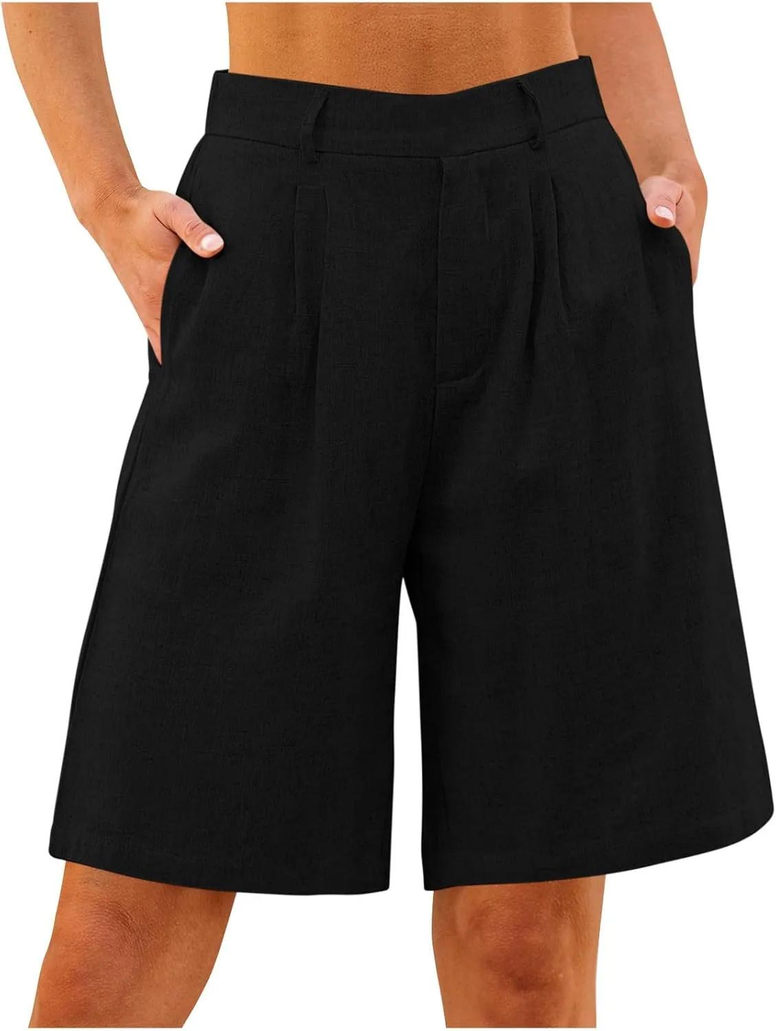 Bermuda Shorts for Women High Waisted Dressy Casual Linen Shorts Wide Leg Knee Length Summer Beach Shorts with Pocket