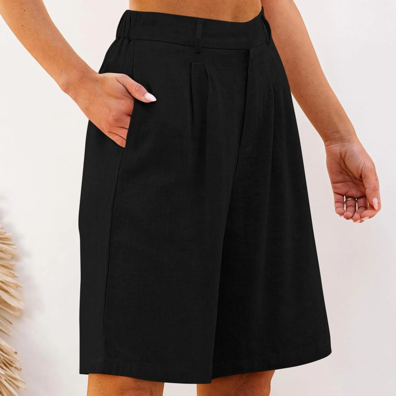 Bermuda Shorts for Women High Waisted Dressy Casual Linen Shorts Wide Leg Knee Length Summer Beach Shorts with Pocket