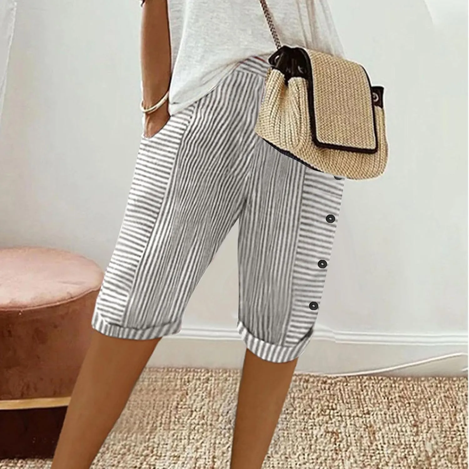 Bermuda Shorts for Women Knee Length High Waisted Beach Short Summer Casual Loose Comfy Lounge Shorts with Pockets