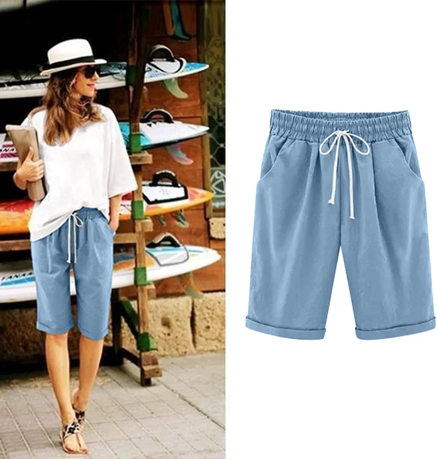 Bermuda Shorts for Women Knee Length Plus Size Summer Casual Beach Elastic Waist Drawstring Comfy Trendy Long Shorts