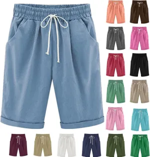 Bermuda Shorts for Women Knee Length Plus Size Summer Casual Beach Elastic Waist Drawstring Comfy Trendy Long Shorts