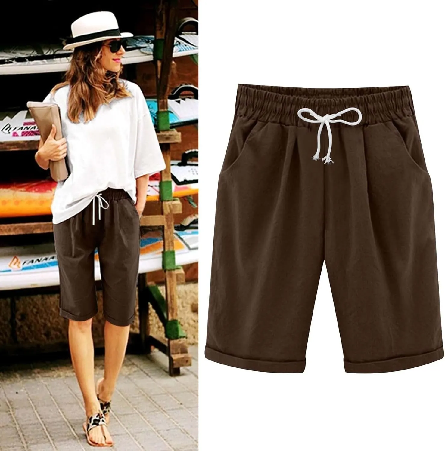Bermuda Shorts for Women Knee Length Plus Size Summer Casual Beach Elastic Waist Drawstring Comfy Trendy Long Shorts