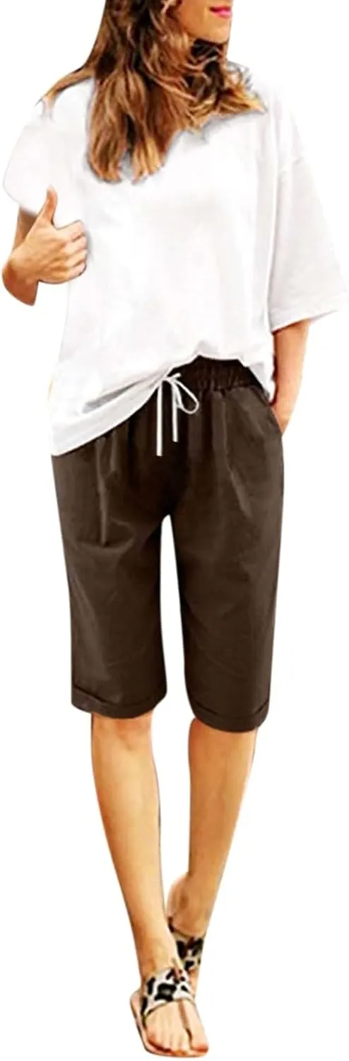 Bermuda Shorts for Women Knee Length Plus Size Summer Casual Beach Elastic Waist Drawstring Comfy Trendy Long Shorts