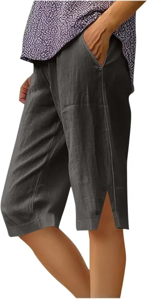 Bermuda Shorts for Women Plus Size Dressy Casual High Waisted Linen Capri Pants Summer Beach Cropped Pants with Pockets