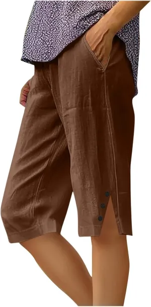 Bermuda Shorts for Women Plus Size Dressy Casual High Waisted Linen Capri Pants Summer Beach Cropped Pants with Pockets