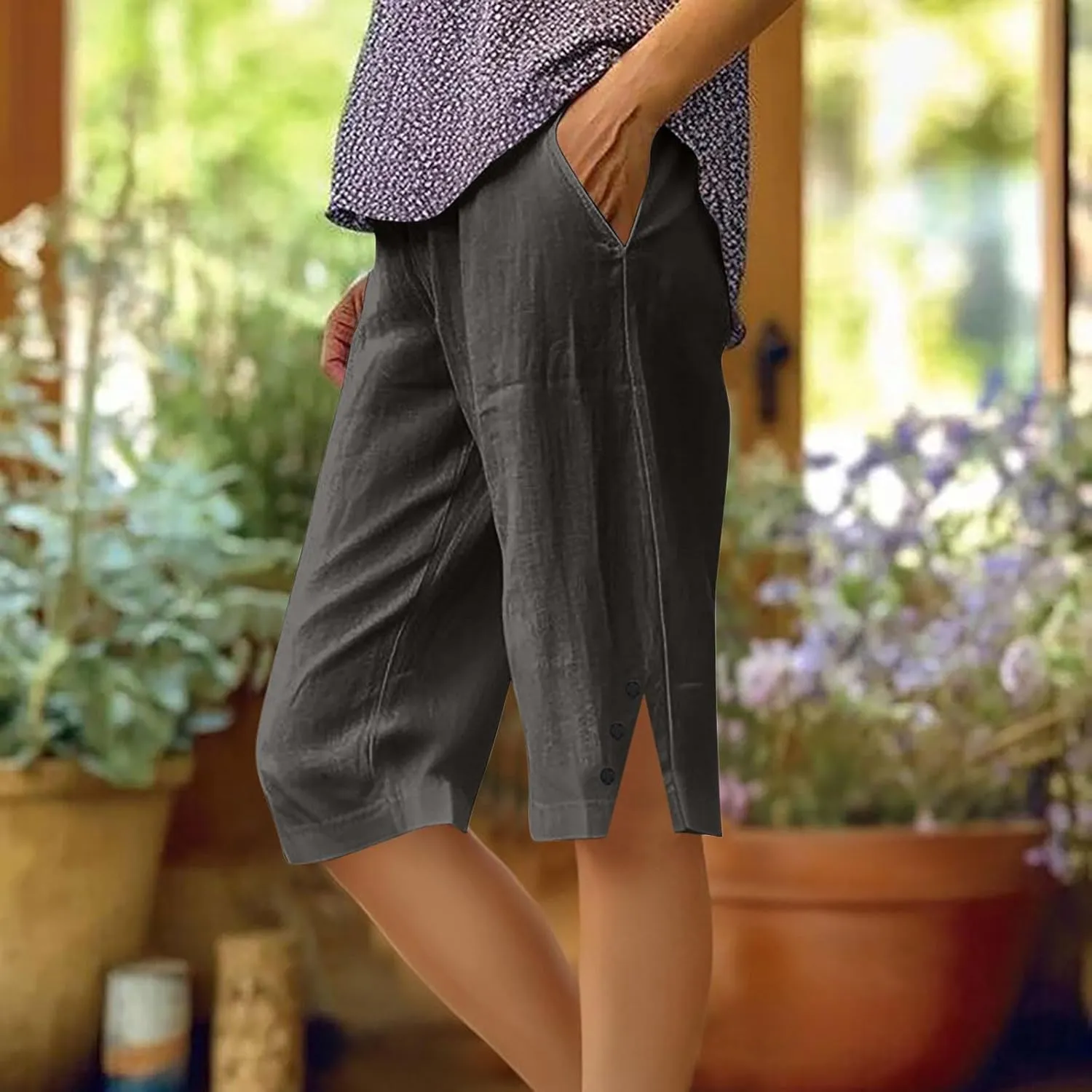 Bermuda Shorts for Women Plus Size Dressy Casual High Waisted Linen Capri Pants Summer Beach Cropped Pants with Pockets