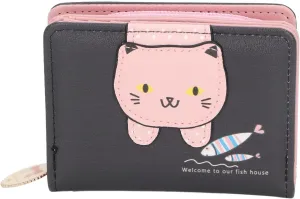 Black, Female Version, Small PU Leather Purse, Student Cute Animal Change Bag, Foldable, Short Style Wallet with Zippers